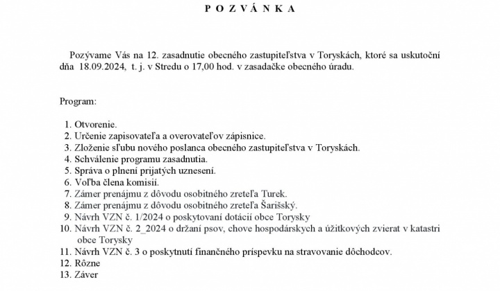 Aktuality / Pozvánka na zasadnutie OZ v Toryskách 18.09.2024 - foto