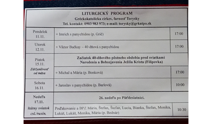 Liturgický program od 11.11. do 17.11., farnosť Torysky