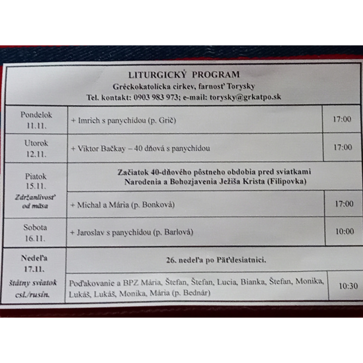 Liturgický program od 11.11. do 17.11., farnosť Torysky