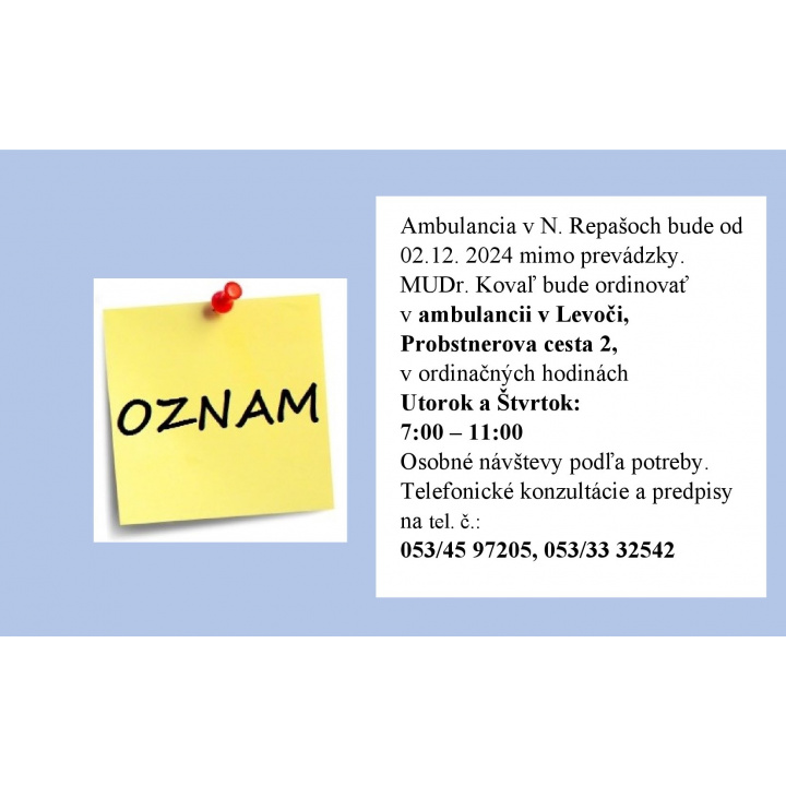 Menšia fotka pre článok Ordinovanie MUDr. Kovaľa od 02.12.2024