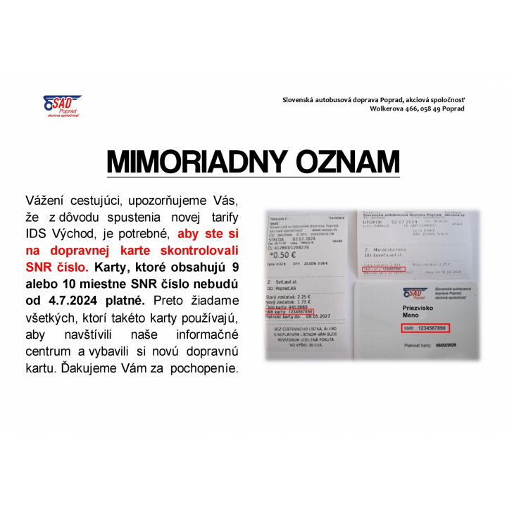 SAD Poprad Oznam o dopravných kartách